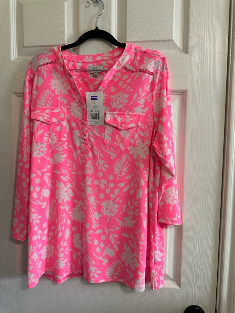 Kim Rogers Women's Pink Floral Split-Neck 3/4 Sleeve Top NWT XL - Picture 5 of 8